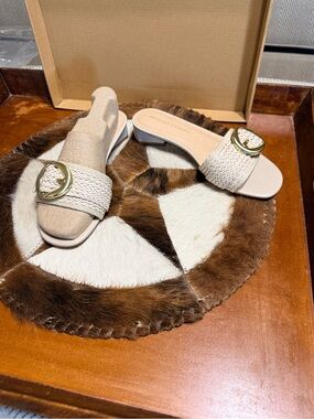 Adrienne Vittadini Beige Braided Slide Sandals with Gold Buckle
